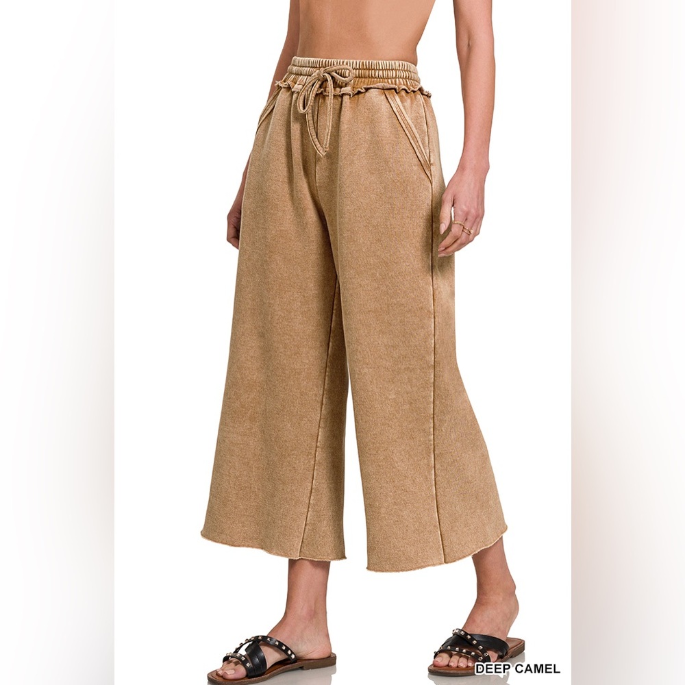 Zenana Mineral Wash Crop Fleece Palazzo Sweat Pant in Deep Camel NEW NWT